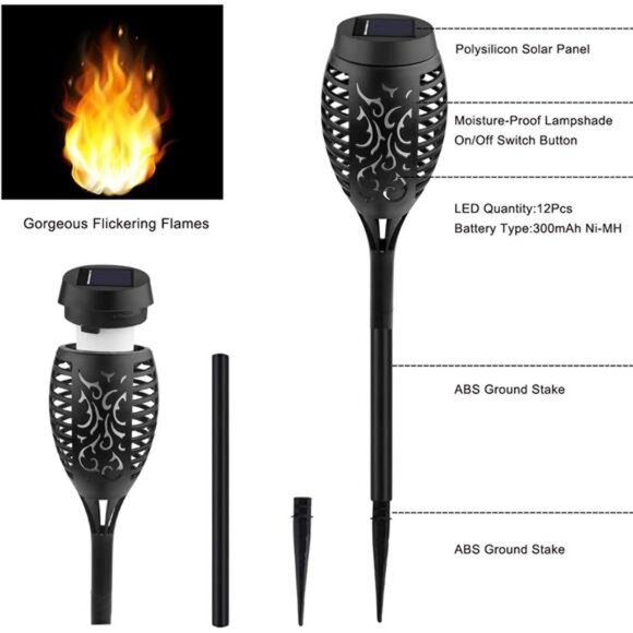 8-Pack Solar Torch Light with Flickering Flame Waterproof Outdoor Solar Lights - Picture 4 of 5